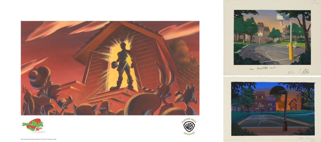 A stylized illustration depicting a basketball player silhouetted against a glowing background, surrounded by animated characters cheering.