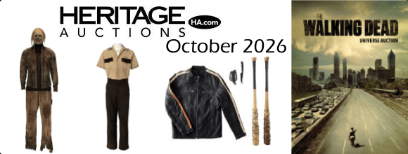 A promotional banner for Heritage Auctions featuring costumes and props from The Walking Dead, including a character outfit and baseball bats, with the text 'October 2026'.