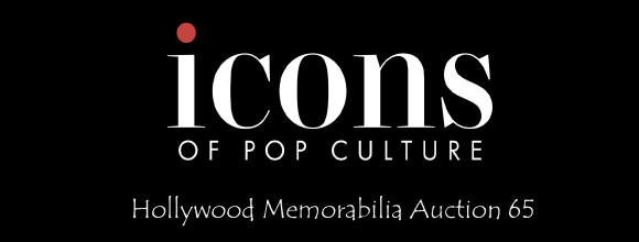 Text promoting the 'Icons of Pop Culture' and 'Hollywood Memorabilia Auction 65' against a black background.