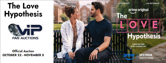 Promotional banner for 'The Love Hypothesis' featuring two main characters on a bench, with auction details and release dates.