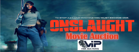 Promotional image for the movie 'Onslaught' featuring a woman holding a weapon, with a child beside her, along with text about a movie auction.