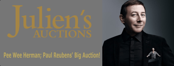 Promotional image for Julien's Auctions showcasing Paul Reubens, featuring Pee Wee Herman memorabilia.
