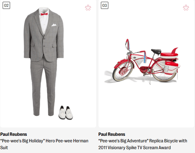 A gray suit worn by the character Pee-wee Herman from 'Pee-wee's Big Holiday', accompanied by white shoes.