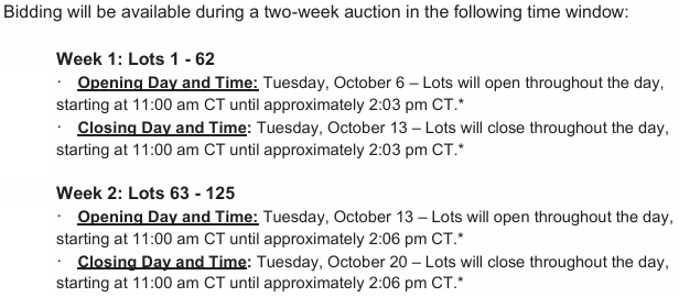 Two-week auction schedule details, including opening and closing days and times for lots 1 to 125.