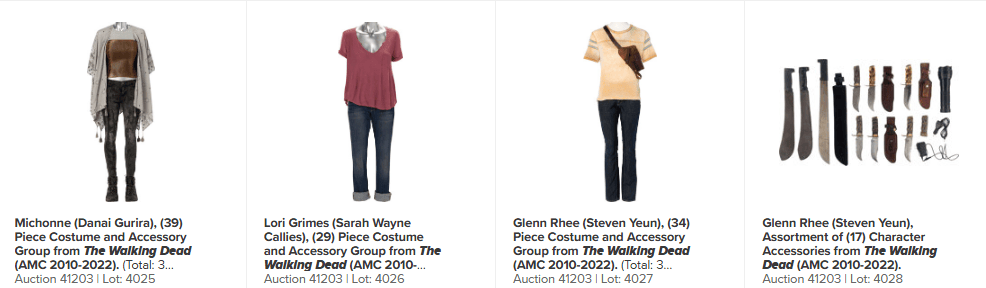 Costume and accessory group for Michonne from The Walking Dead, featuring a distinctive outfit.