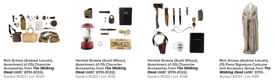 Assorted character accessories from Rick Grimes, including various items used in The Walking Dead.