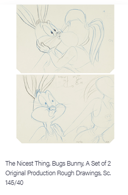 Two original production rough drawings featuring Bugs Bunny, showcasing playful and expressive poses.