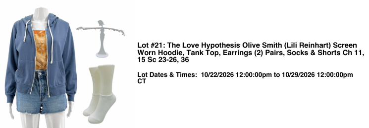 A blue hoodie, a tank top, two pairs of earrings, white socks, and denim shorts from the lot #21 related to 'The Love Hypothesis' worn by Lili Reinhart. Auction dates range from 10/22/2026 to 10/29/2026.