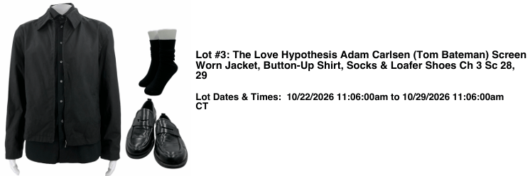 A black screen-worn jacket, button-up shirt, socks, and loafers from the film 'The Love Hypothesis' worn by Adam Carlsen (Tom Bateman), displayed with auction details.