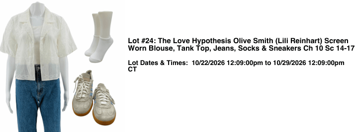 A set of screen-worn clothing items from 'The Love Hypothesis,' including a blouse, tank top, jeans, socks, and sneakers. Accompanied by auction details and dates.