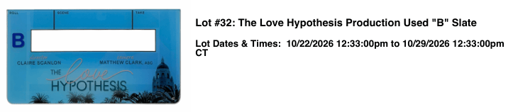 Image of a production slate for 'The Love Hypothesis' labeled as Lot #32, indicating it was used in production with an auction date from 10/22/2026 to 10/29/2026.