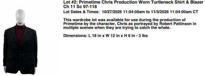 A turtleneck shirt and blazer worn by the character Chris in the production of Primetime, displayed on a mannequin. The wardrobe lot details the dimensions and weight, along with the auction date.