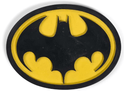 Batman logo design featuring a black bat silhouette on a yellow background.